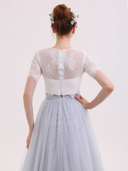 Vestido de Novia de Dos Piezas con Mangas Medias en Color Plateado