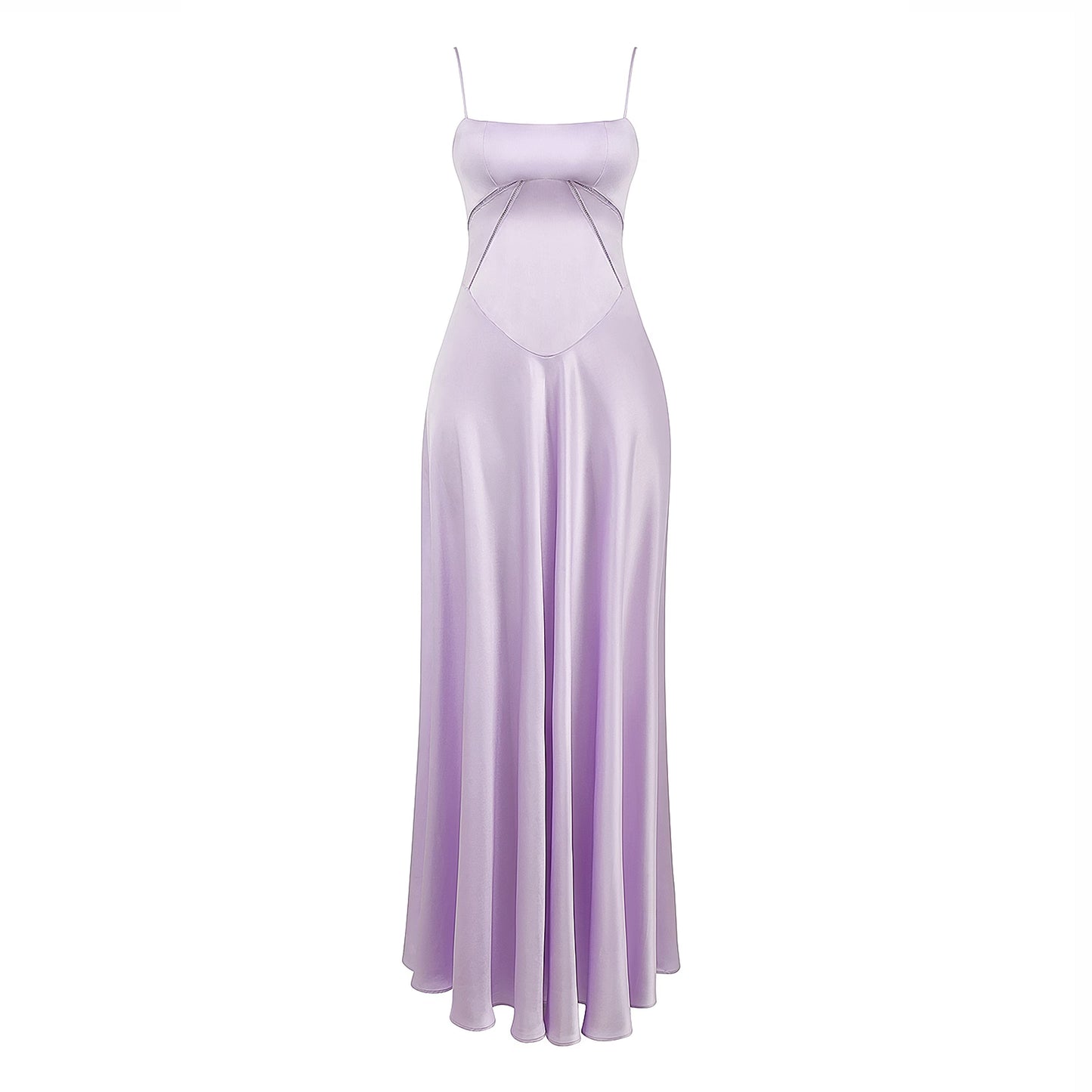 Maxi Vestido de Satén Lila con Detalles de Cordones