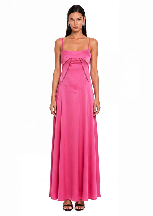 Maxi Vestido de Satén Rojo Rosa con Detalles de Cordones