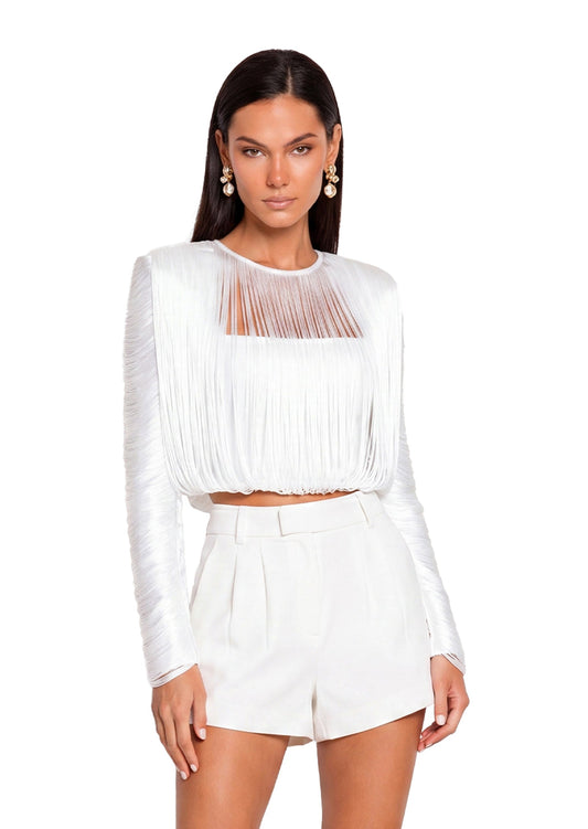 Blanco Xakery Top de Manga Larga con Flecos