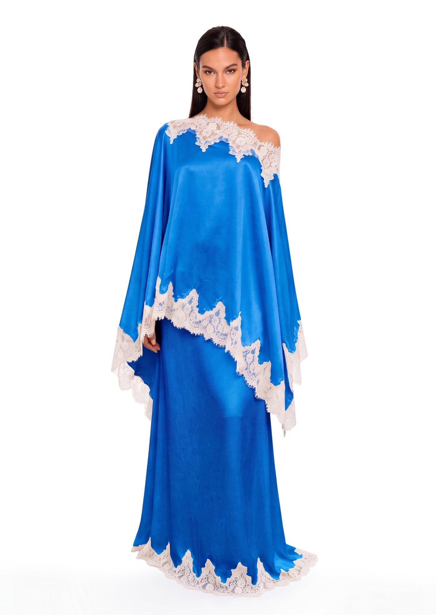 Conjunto de falda de satén con encaje Cadfan en tono azul