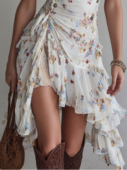Perrine | Vestido Mini Floral Retro con Escote en V y Tirantes Delgados