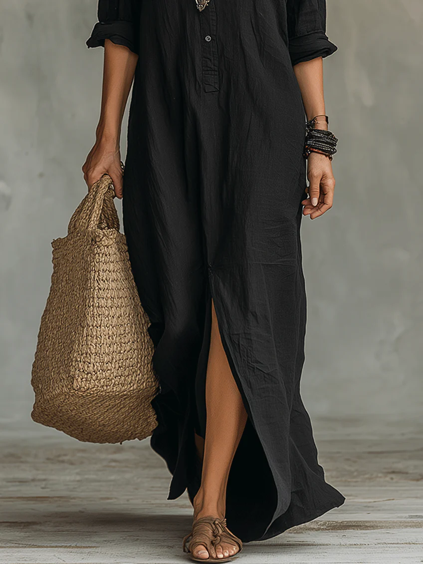 Soline™ | Vestido Maxi Largo Negro con Botones