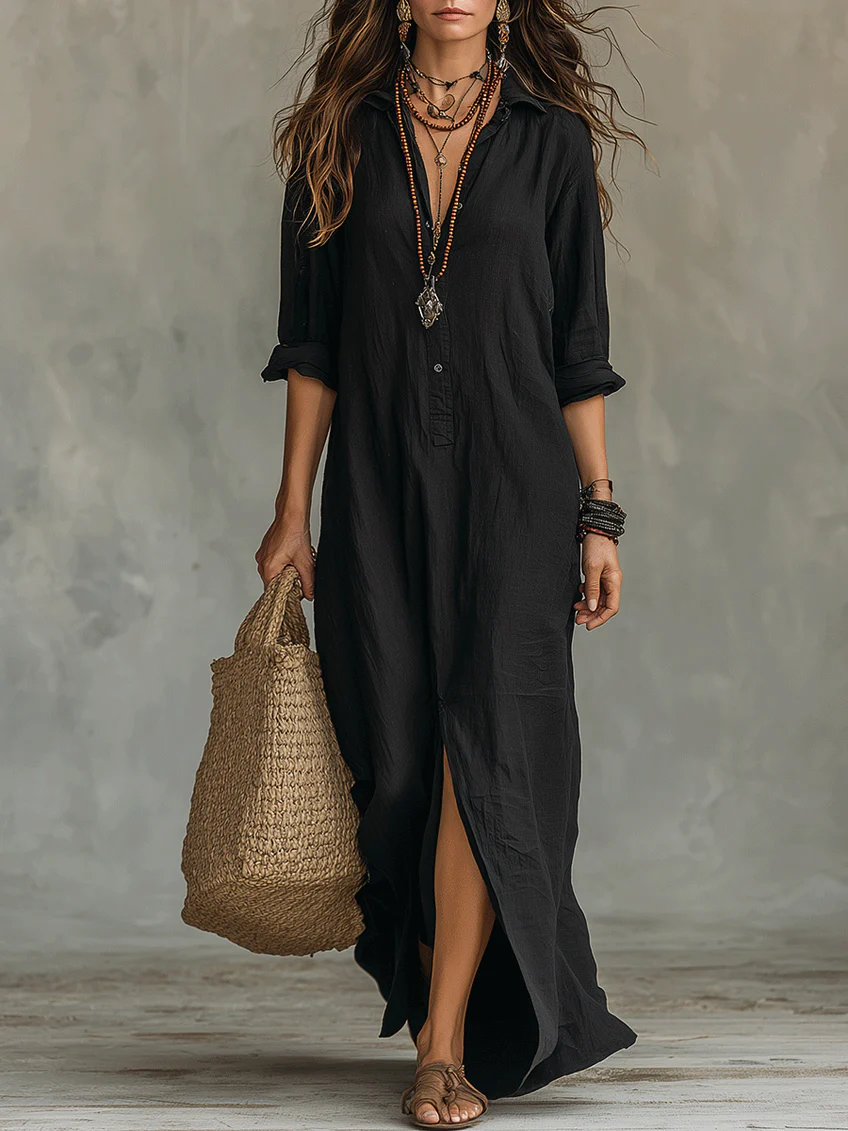 Soline™ | Vestido Maxi Largo Negro con Botones