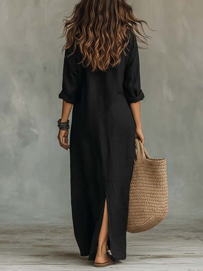 Soline™ | Vestido Maxi Largo Negro con Botones