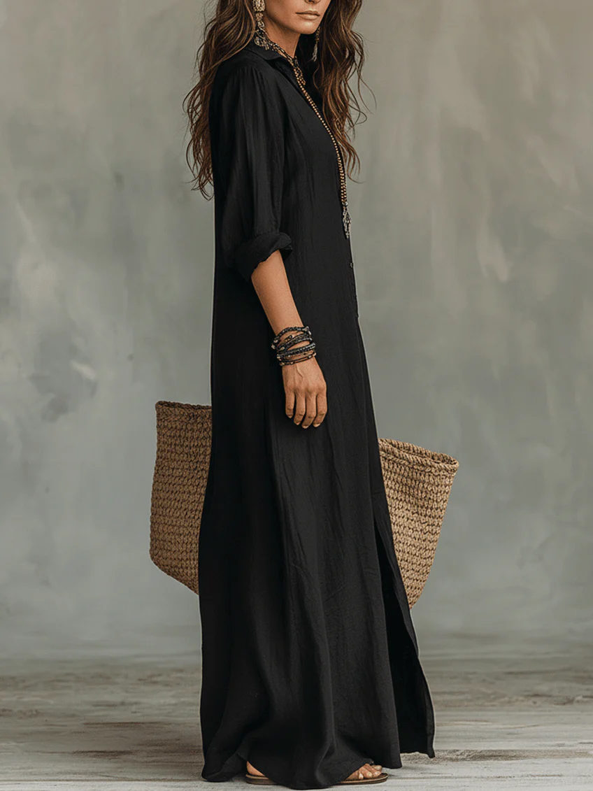 Soline | Vestido Largo Maxi Negro con Botones