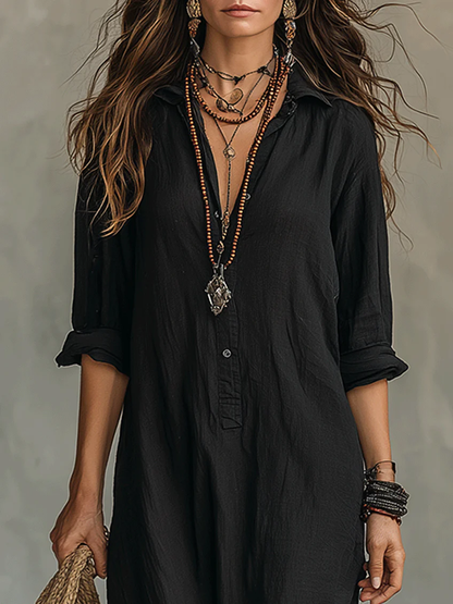 Soline™ | Vestido Maxi Largo Negro con Botones