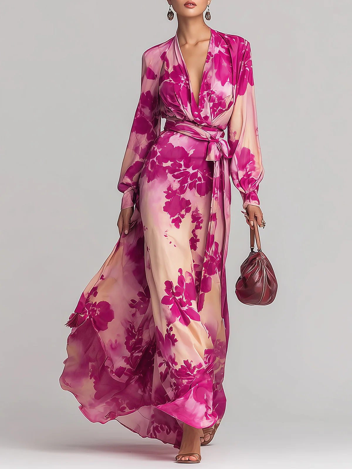 Julia | Vestido Maxi Floral con Escote en V y Cinturón
