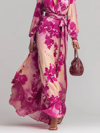 Julia | Vestido Maxi Floral con Escote en V y Cinturón