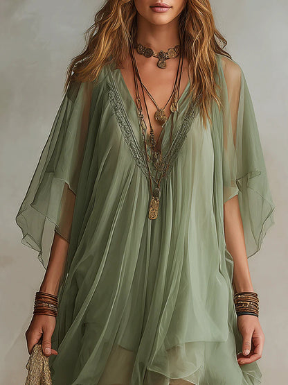 Robe Mini Fluide à Couches avec Décolleté en V de Couleur Verte