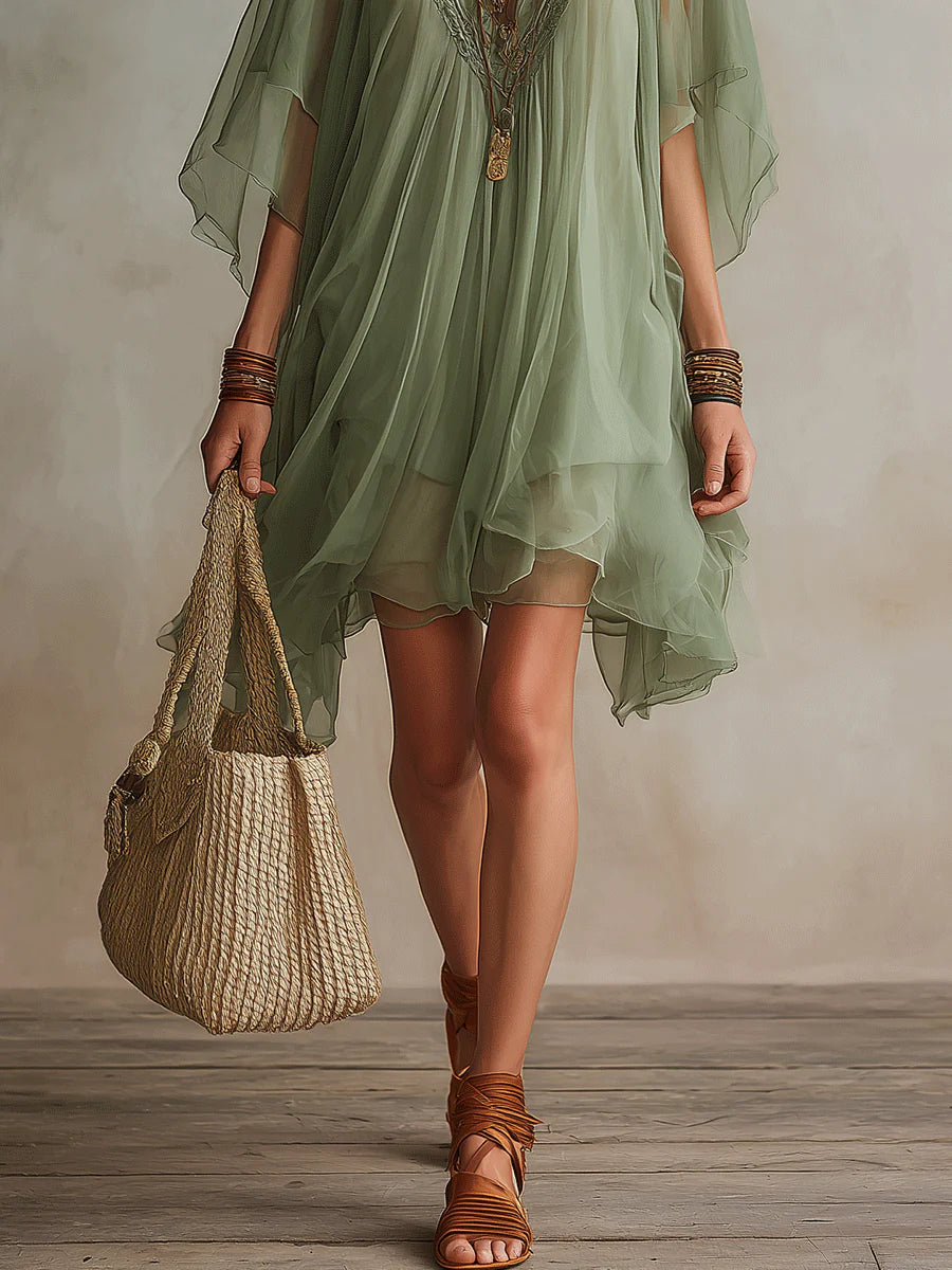 Robe Mini Fluide à Couches avec Décolleté en V de Couleur Verte
