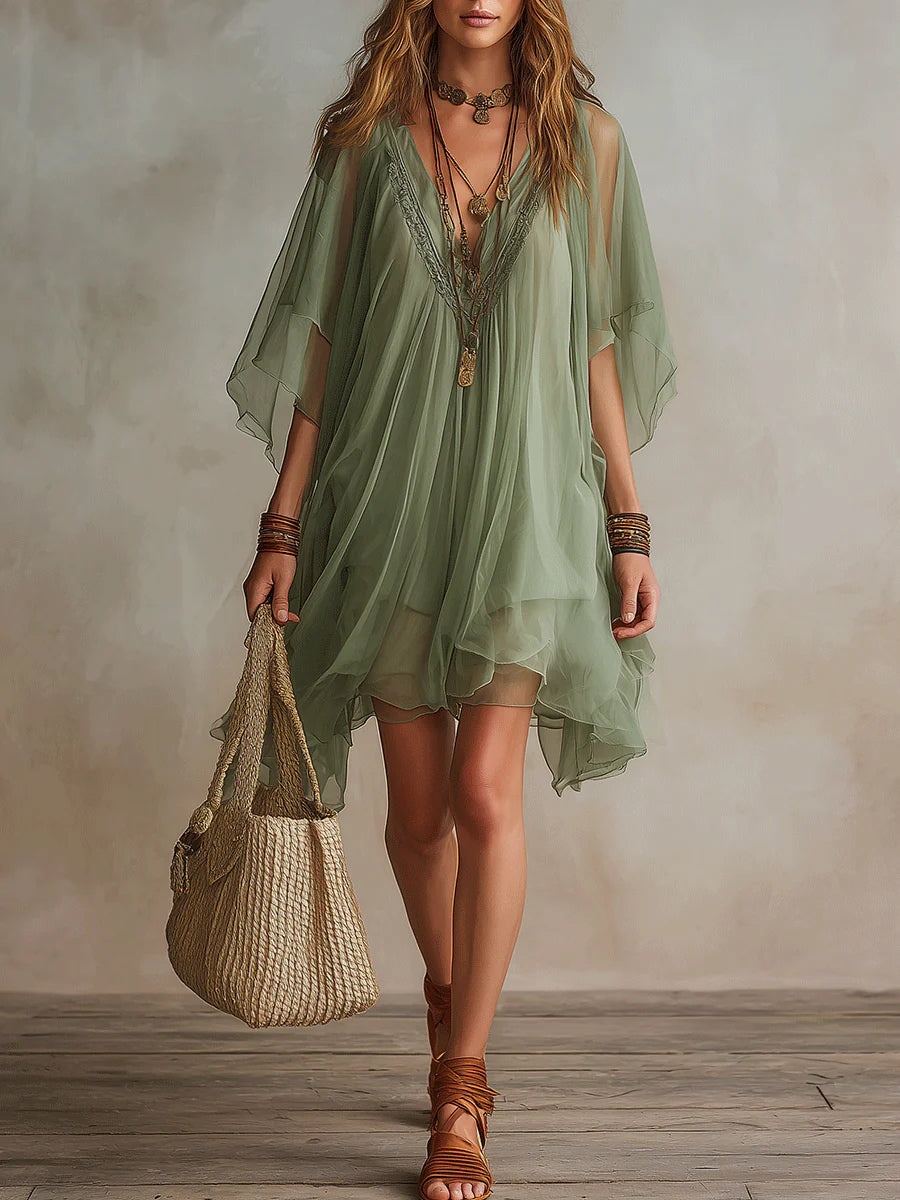 Robe Mini Fluide à Couches avec Décolleté en V de Couleur Verte