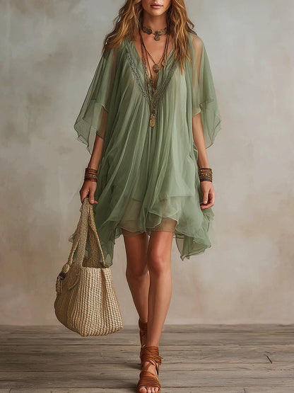Robe Mini Fluide à Couches avec Décolleté en V de Couleur Verte