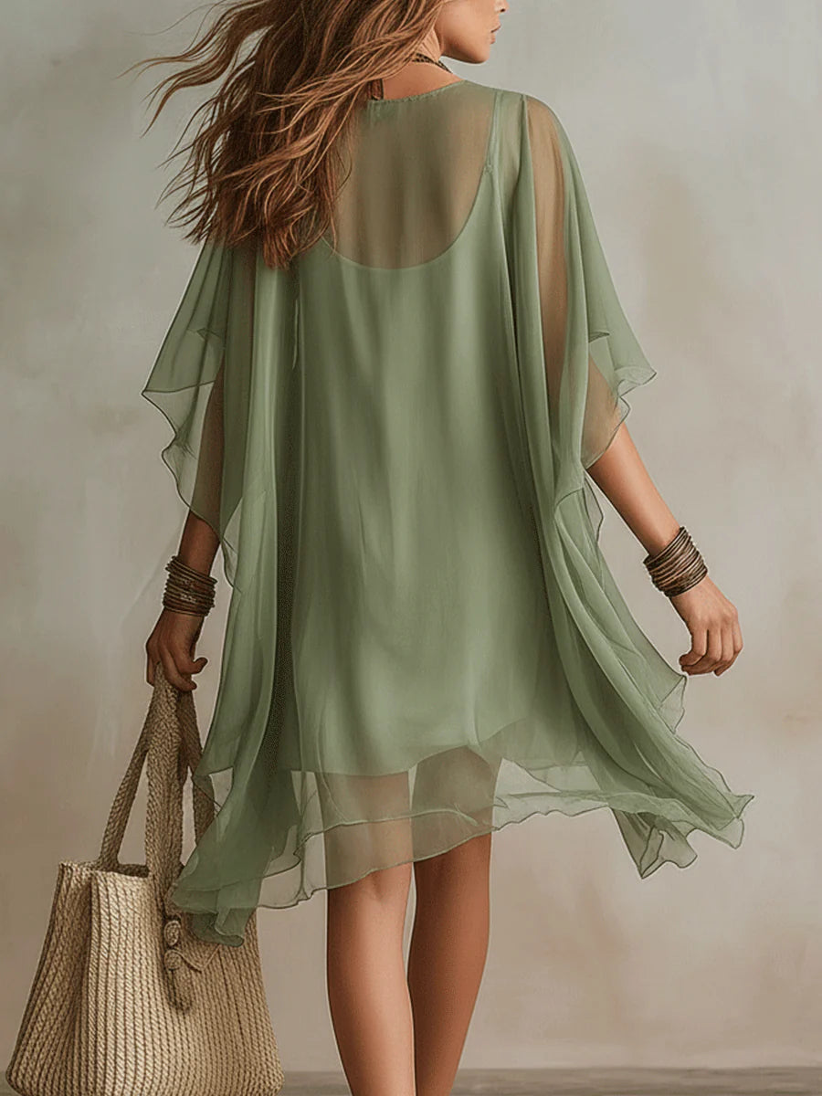 Robe Mini Fluide à Couches avec Décolleté en V de Couleur Verte