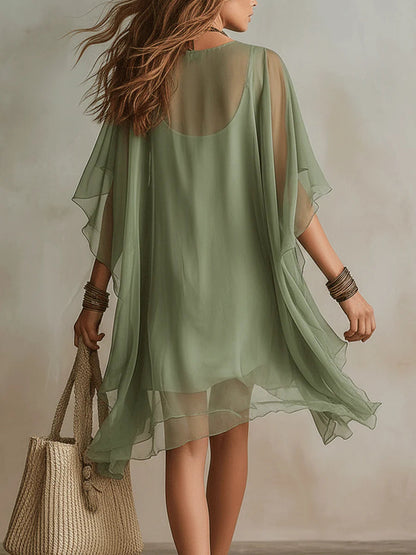 Robe Mini Fluide à Couches avec Décolleté en V de Couleur Verte