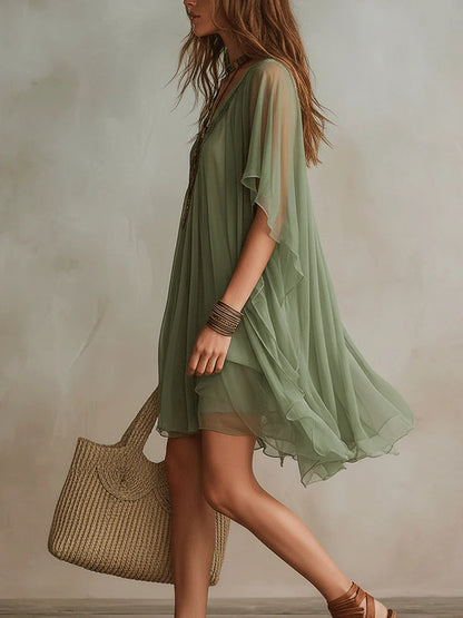 Robe Mini Fluide à Couches avec Décolleté en V de Couleur Verte