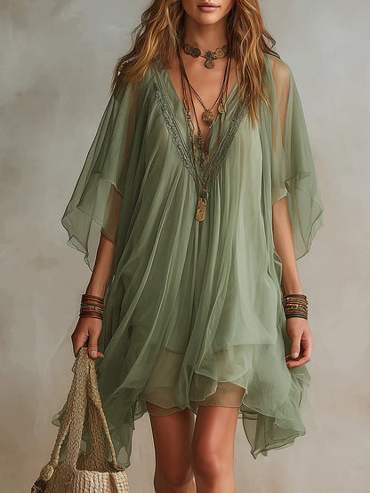 Robe Mini Fluide à Couches avec Décolleté en V de Couleur Verte