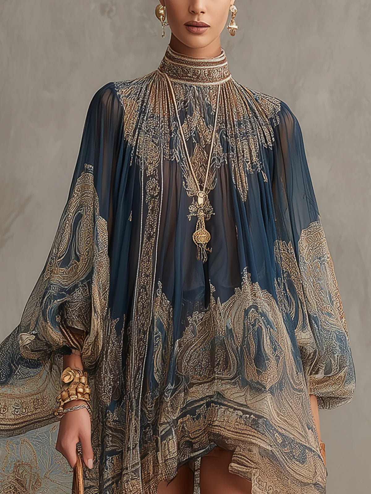 Bérénice | Vestido Mini Asimétrico de Muselina con Estampado Barroco en Azul Marino y Cuello Alto