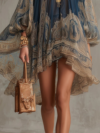Bérénice | Vestido Mini Asimétrico de Muselina con Estampado Barroco en Azul Marino y Cuello Alto