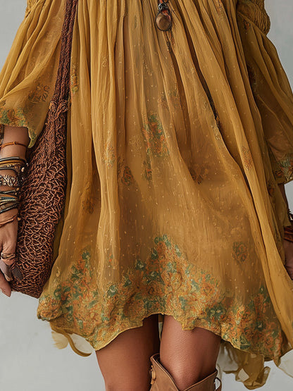 Vestido Mini Amarillo con Flores y Diseño Off Shoulder