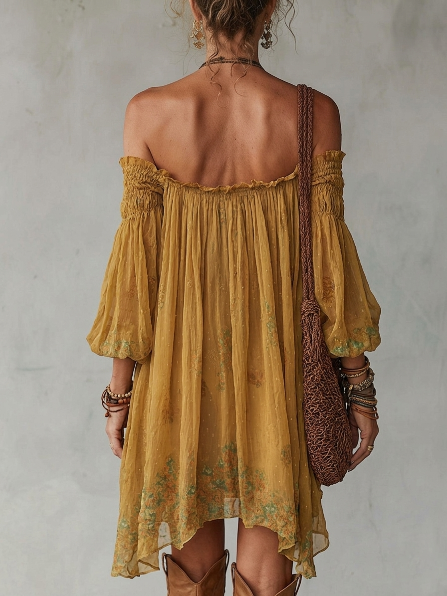 Vestido Mini Amarillo con Flores y Diseño Off Shoulder