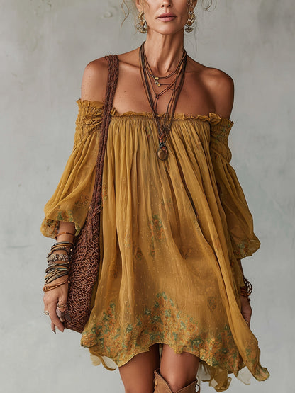 Vestido Mini Amarillo con Flores y Diseño Off Shoulder