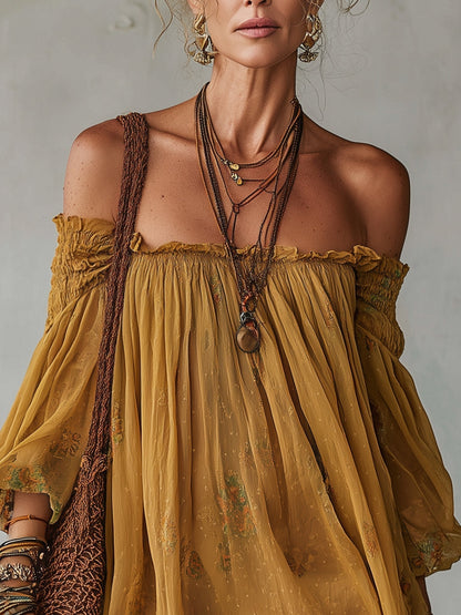 Vestido Mini Amarillo con Flores y Diseño Off Shoulder