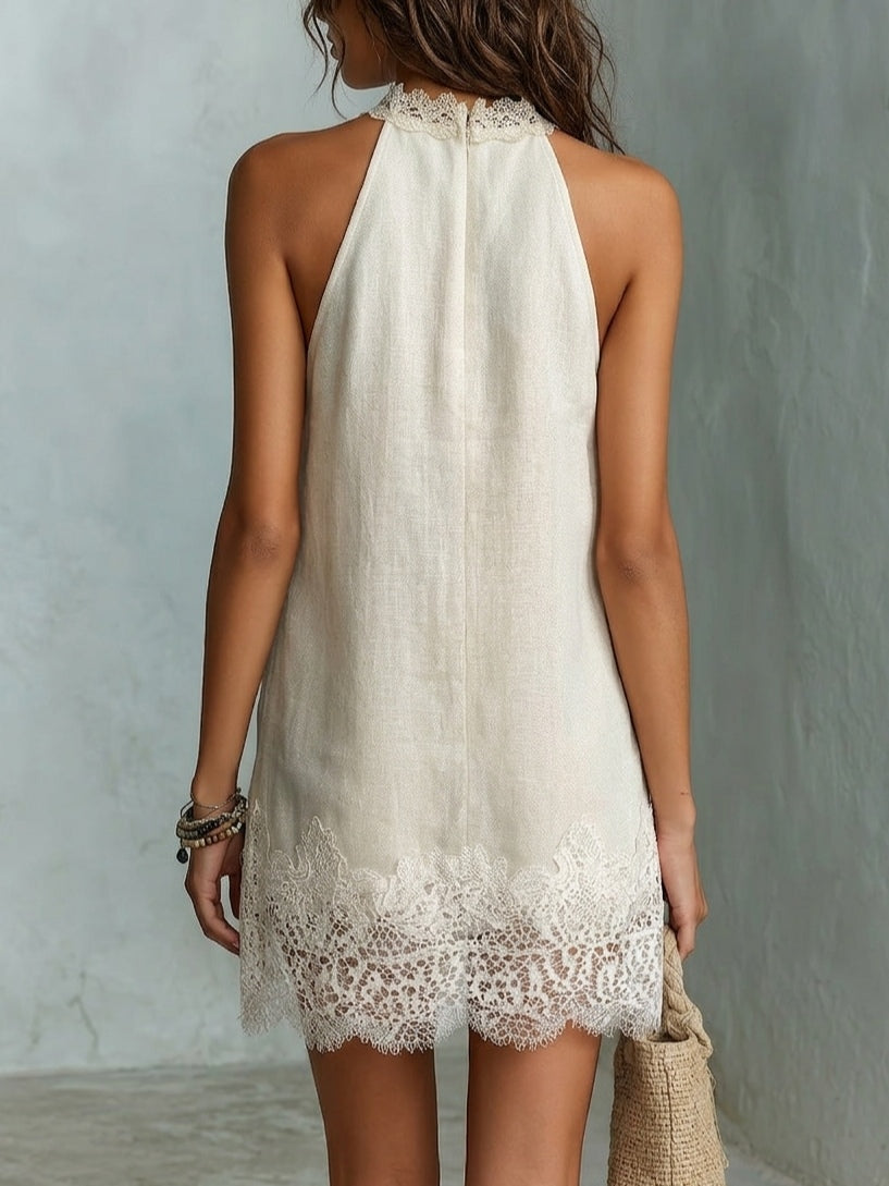 Chic Mini Halter Neck Dress in Off-White