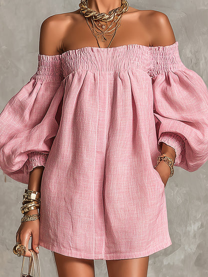 Violette | Vestido Mini Rosa Trapecio con Mangas Lanternas y Hombros al Descubierto