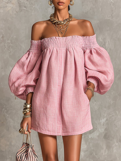 Violette | Vestido Mini Rosa Trapecio con Mangas Lanternas y Hombros al Descubierto