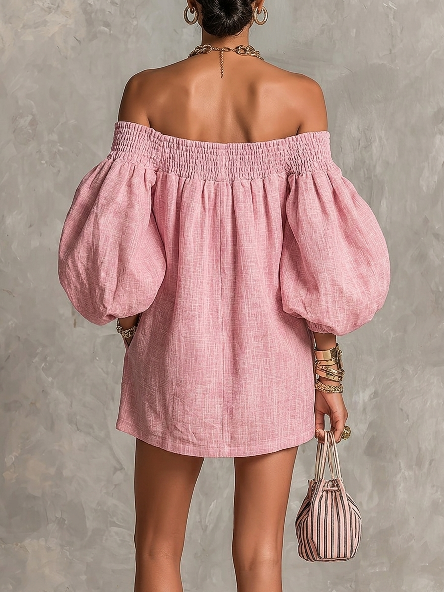 Violette | Vestido Mini Rosa Trapecio con Mangas Lanternas y Hombros al Descubierto