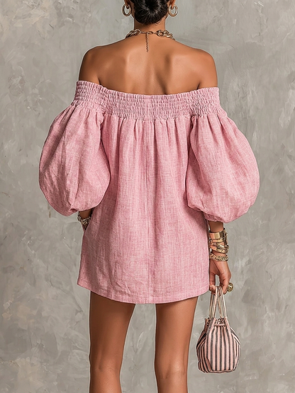 Violette | Vestido Mini Rosa Trapecio con Mangas Lanternas y Hombros al Descubierto