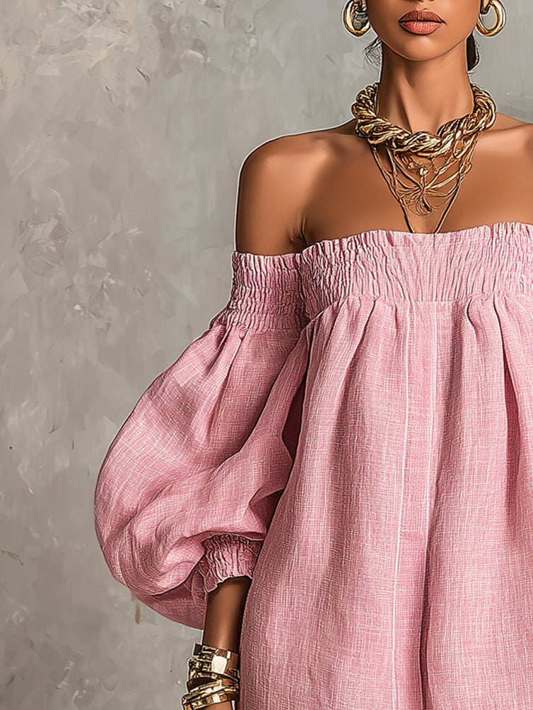 Violette | Vestido Mini Rosa Trapecio con Mangas Lanternas y Hombros al Descubierto