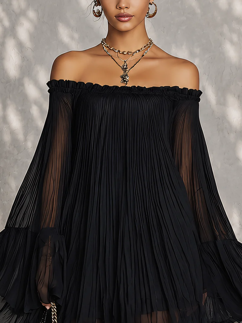 Océane | Mini Vestido Negro con Mangas de Campana y Hombros Descubiertos Fruncidos