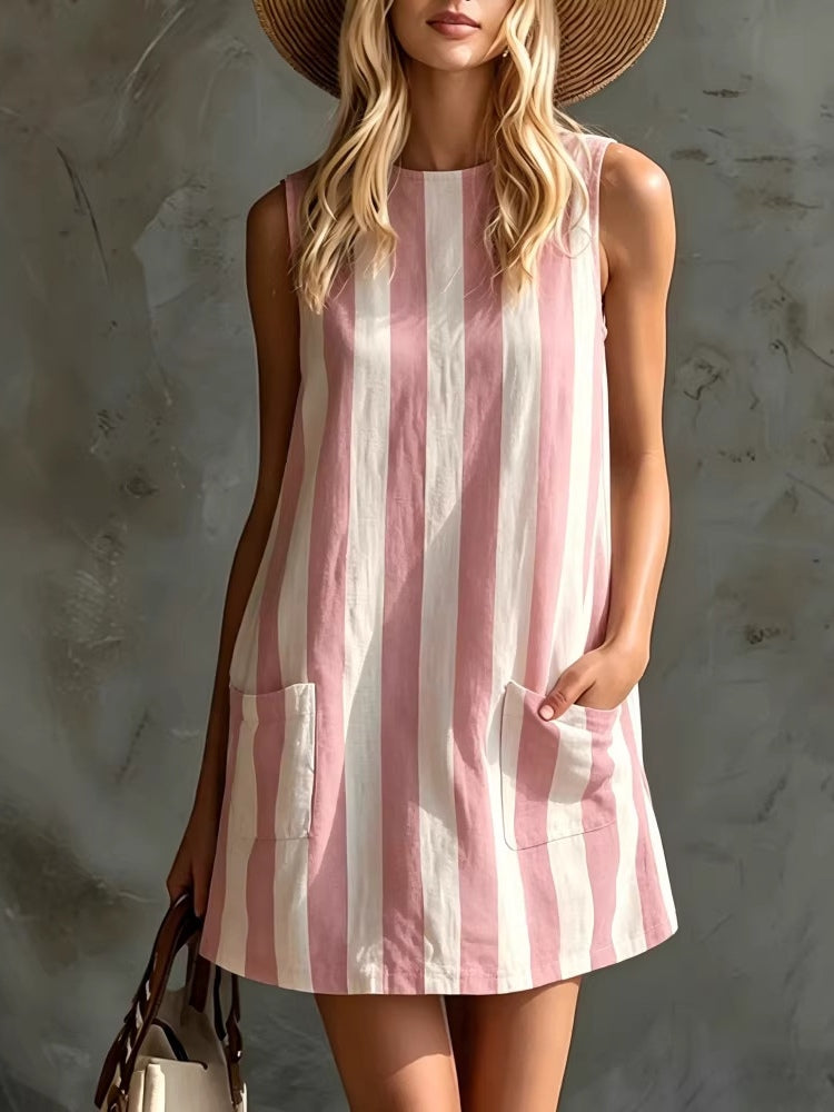 Vestido Mini Sin Mangas a Rayas con Cuello Circular