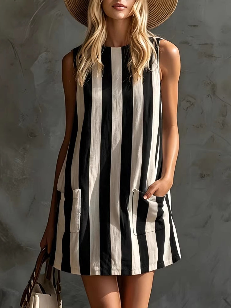 Vestido Mini Sin Mangas a Rayas con Cuello Circular