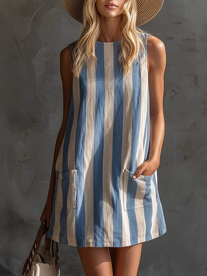 Vestido Mini Sin Mangas a Rayas con Cuello Circular