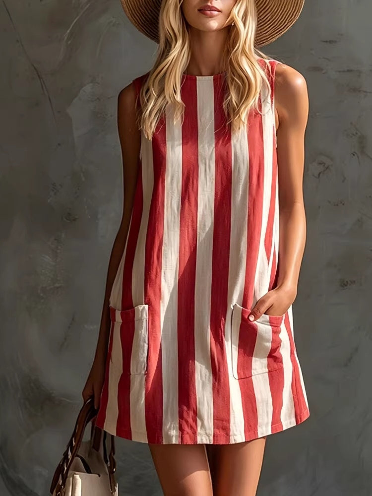 Vestido Mini Sin Mangas a Rayas con Cuello Circular