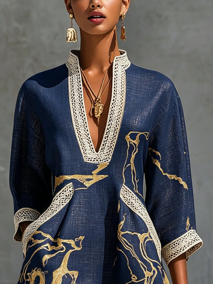 Cosette | Vestido Mini de Encaje Azul Marino con Detalles Dorados y Escote en V
