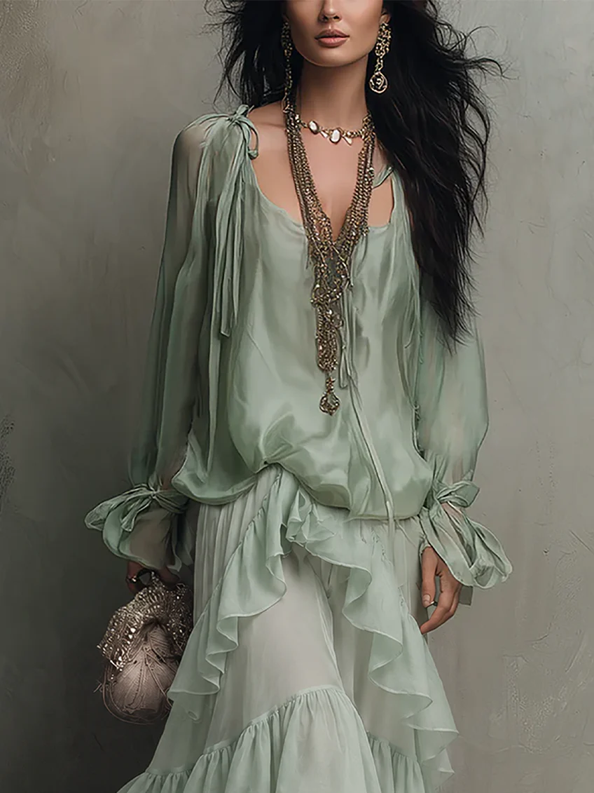 Blusa de gasa verde menta con volantes, acompañada de un conjunto de faldas en capas