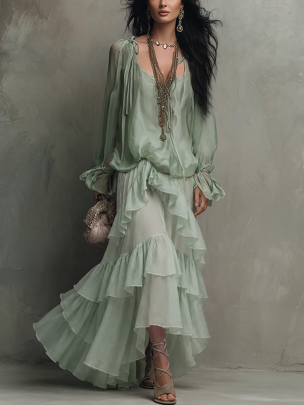 Blusa de gasa verde menta con volantes, acompañada de un conjunto de faldas en capas