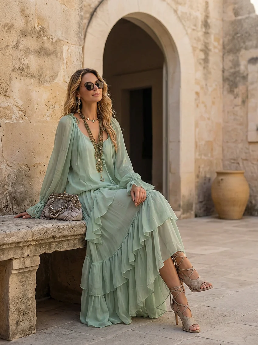 Blusa de gasa verde menta con volantes, acompañada de un conjunto de faldas en capas