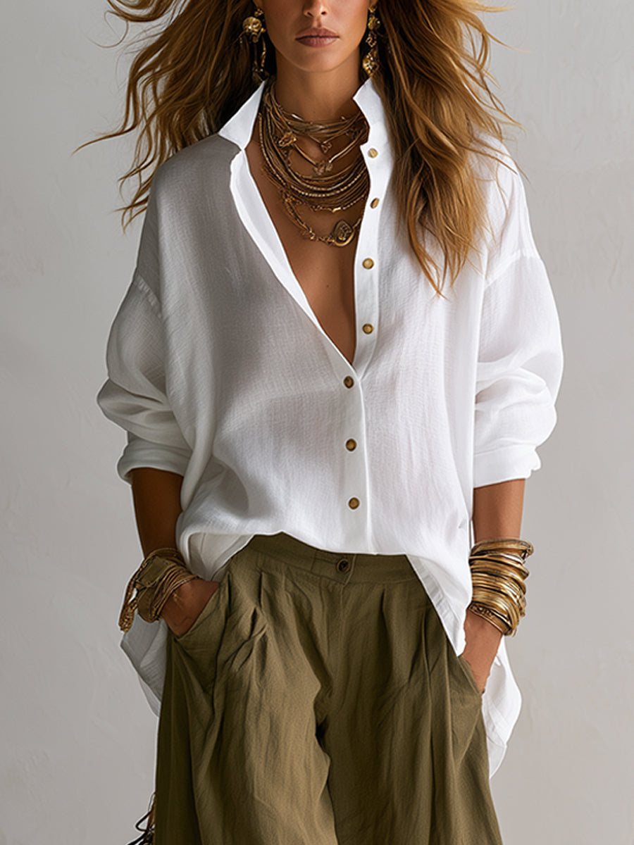 Camisa blanca holgada y pantalón verde de pierna ancha estilo lantern
