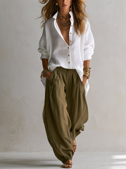 Camisa blanca holgada y pantalón verde de pierna ancha estilo lantern