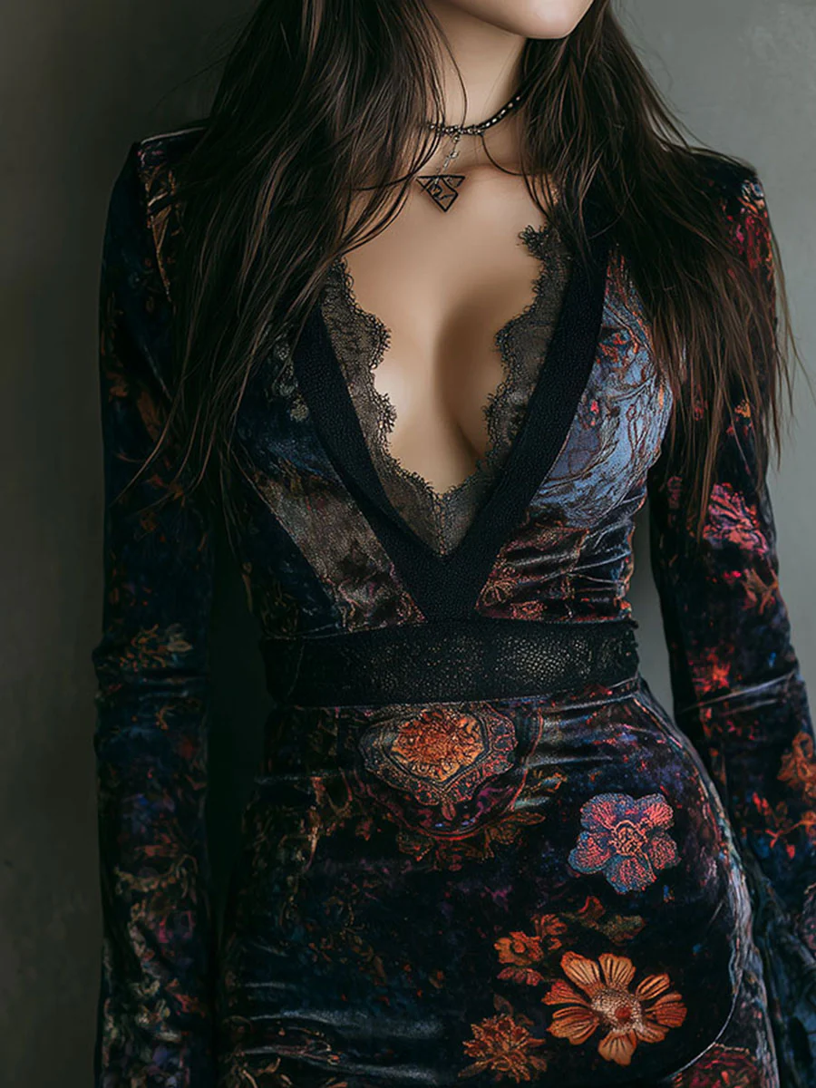 Robe Mini Cintrée en Dentelle avec Motif Floral
