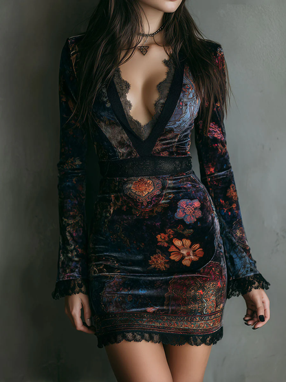 Robe Mini Cintrée en Dentelle avec Motif Floral