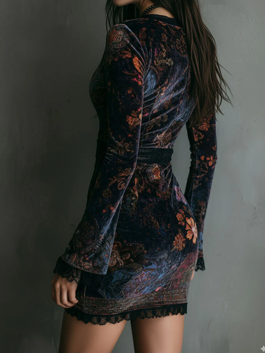 Robe Mini Cintrée en Dentelle avec Motif Floral