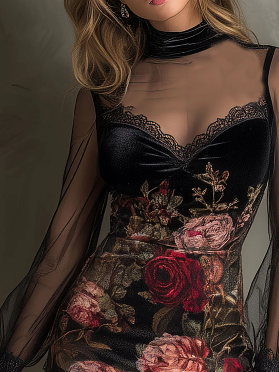 Mini Vestido con Estampado de Rosas y Detalles de Encaje