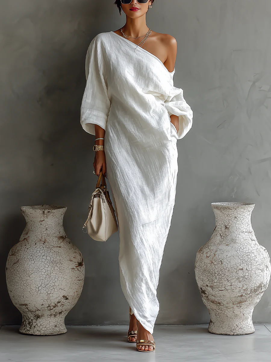 Elise™ | Elegante Vestido Maxi Asimétrico Blanco de Un Hombro