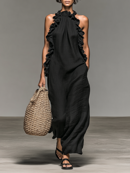 Maxi Dress Sin Mangas Minimalista con Detalles de Volantes para Mujer MDZ1622A0Y